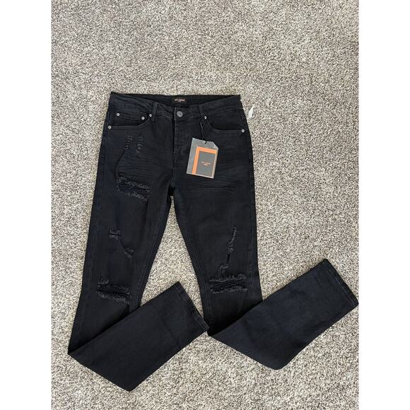 WELL KNOWN Dean Street Jeans Men Jet Black SZ 34 Stretch Distressed MSRP $200 - Picture 4 of 12